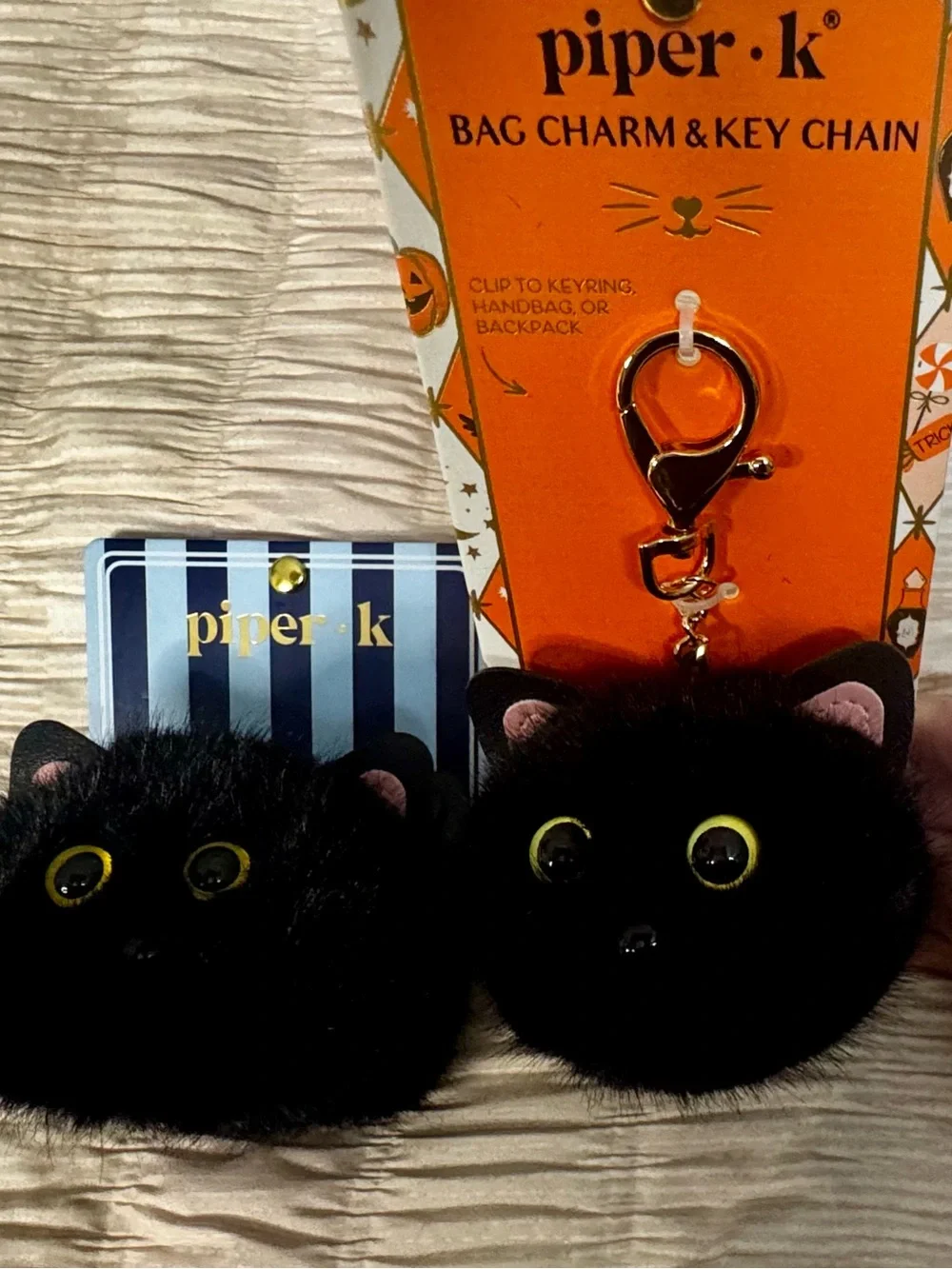Piper Black Pom Pom Kitty Bag Charm Keychain and Matching Hair Clip